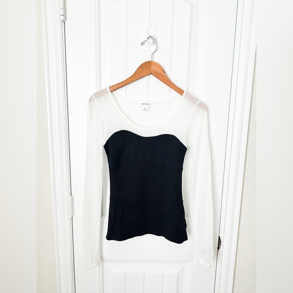 Club Monaco Bodice Blouse Long Sleeve Sheer Navy White Size Small
